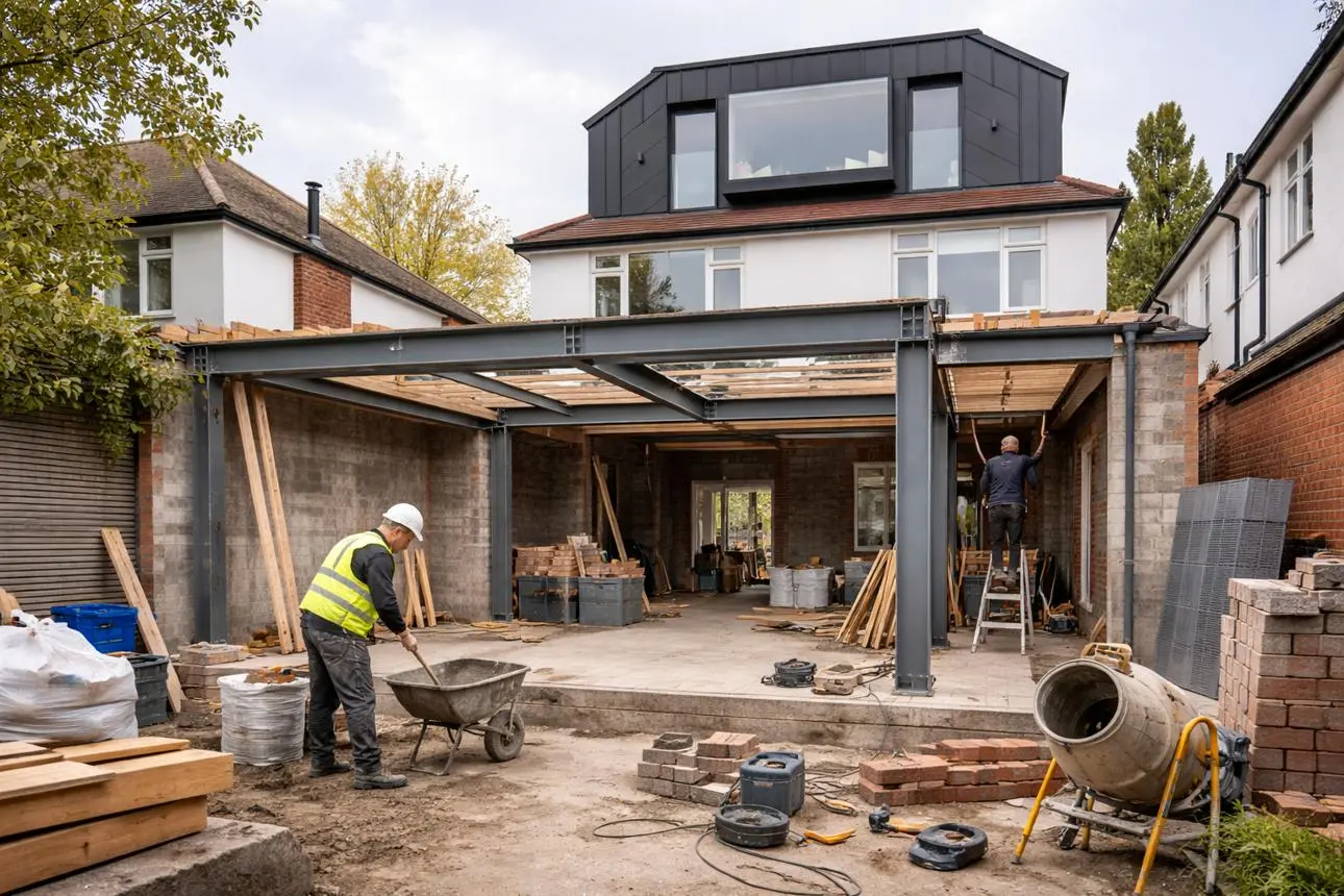 House extension North West London brick wall and steel beam construction